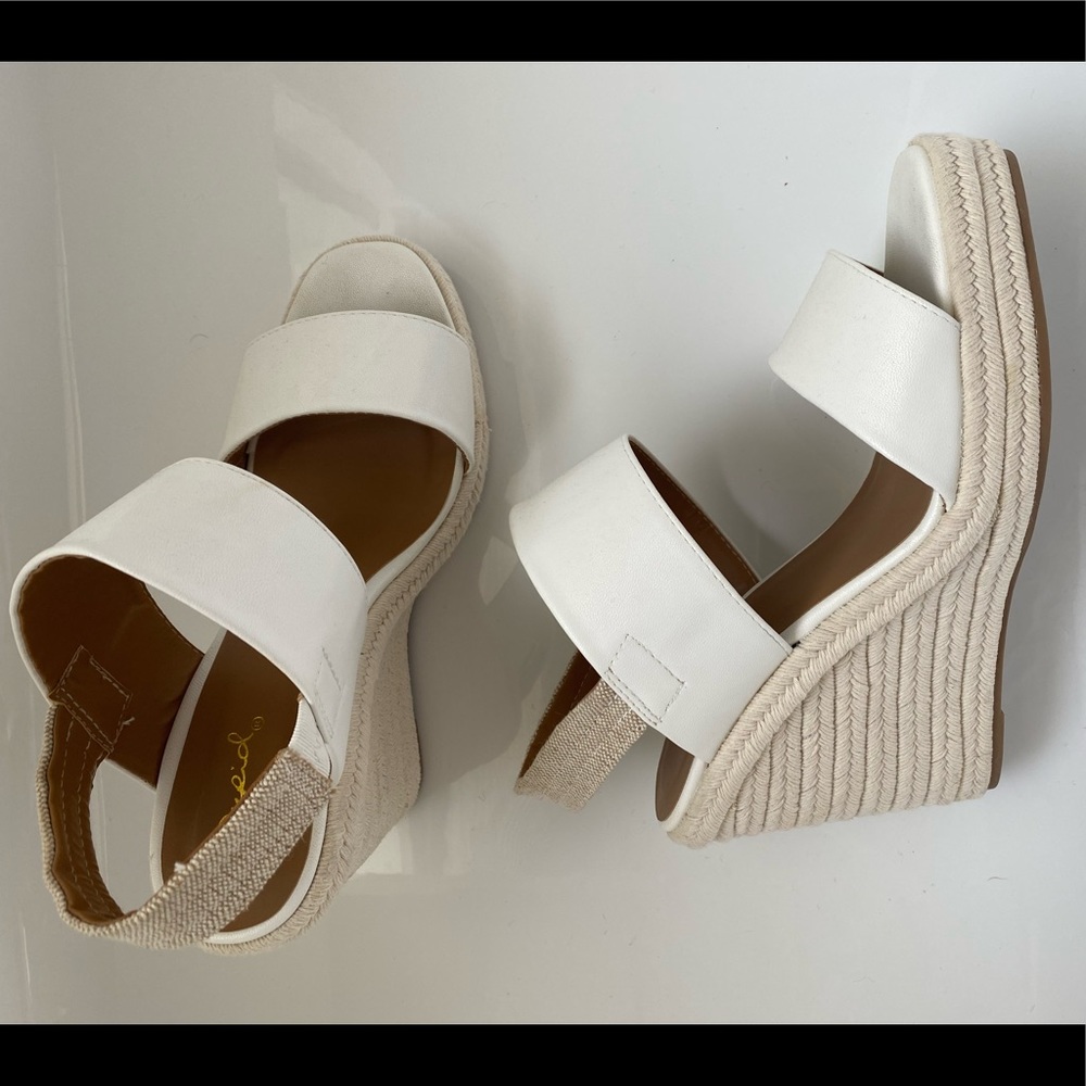 Quipid white leather strap wedges